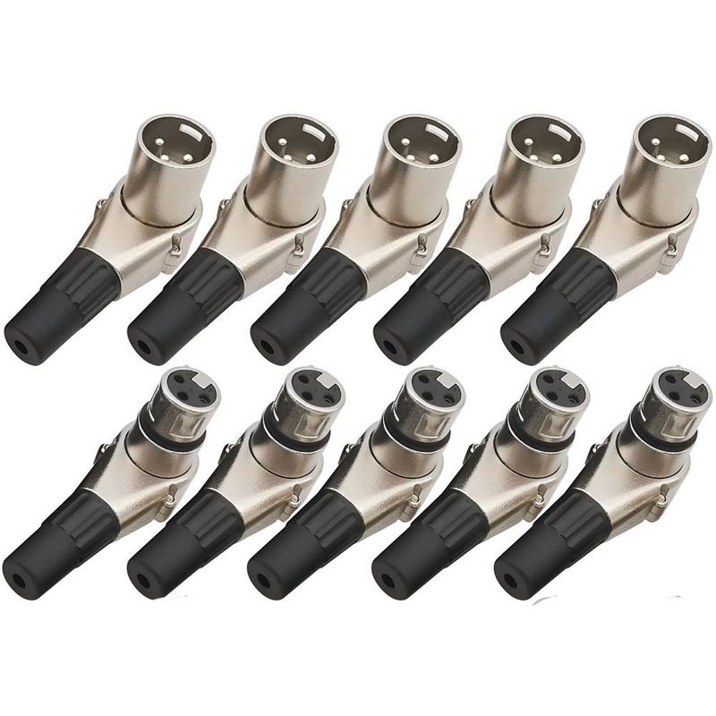 Kit Com 10 Conectores Plug XLR Canon Fêmea e Macho Em L 90º Graus